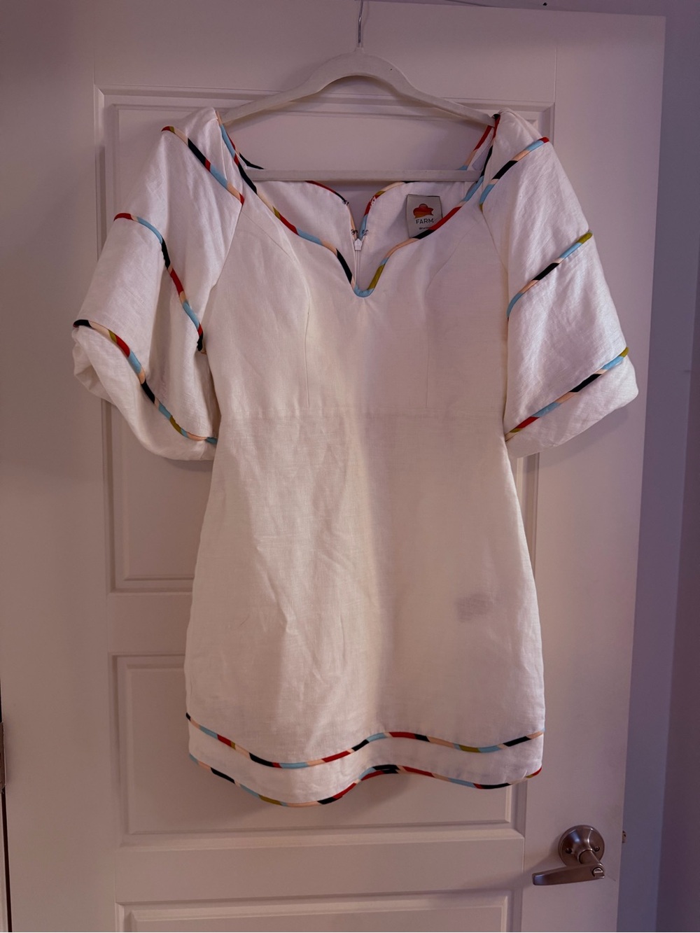Farm rio White Linen dress with Multicolor Trim